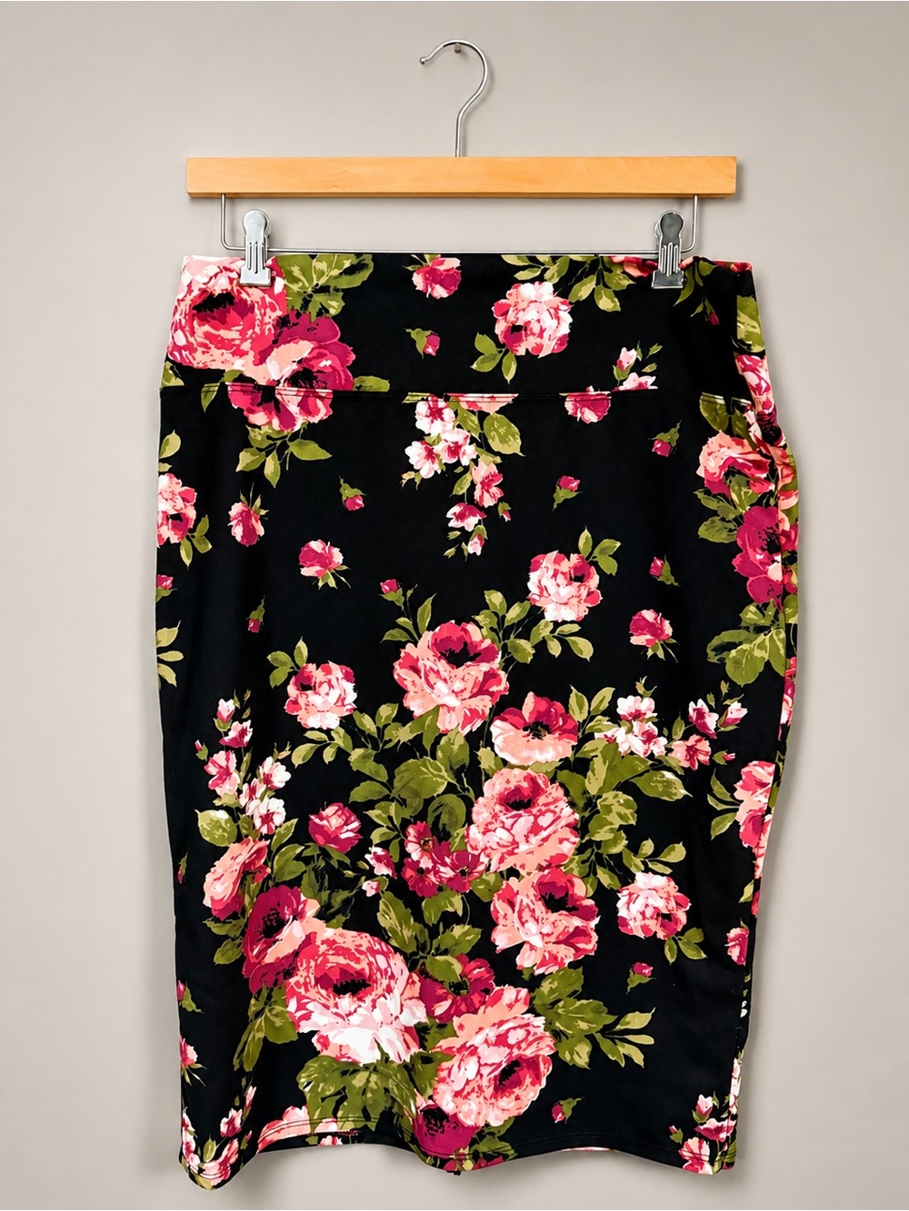 Black Floral Pencil Skirt with Pink Rose Print